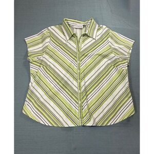 Blue Diamond Plus Women 24 Lime Green Striped Short Sleeve Button Down Shirt Top